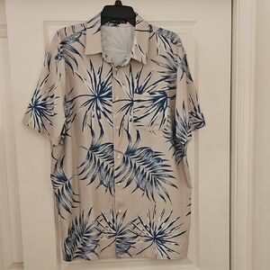 SHEIN | Beige Short-Sleeve Button-Down with Blue Palm Print